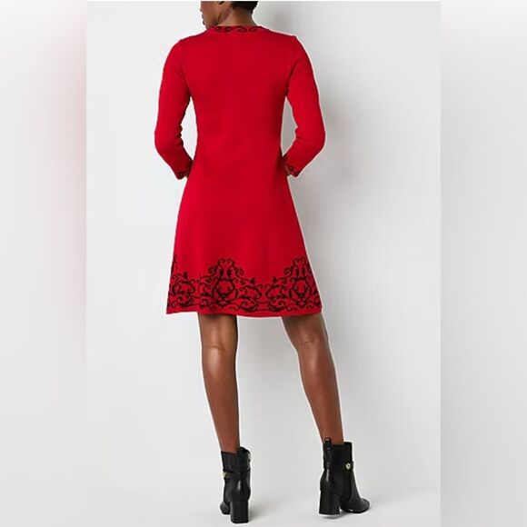 NWT SZ S Jessica Howard 3/4 Sleeve Red w/Black Scroll Sweater Dress - Picture 3 of 11